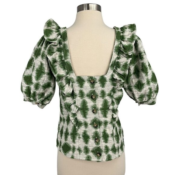 Sezane Ezecquiel Blouse Green Ikat Size EU 34 Ruffles 1/2 Sleeve Buttons Womens - Picture 5 of 11